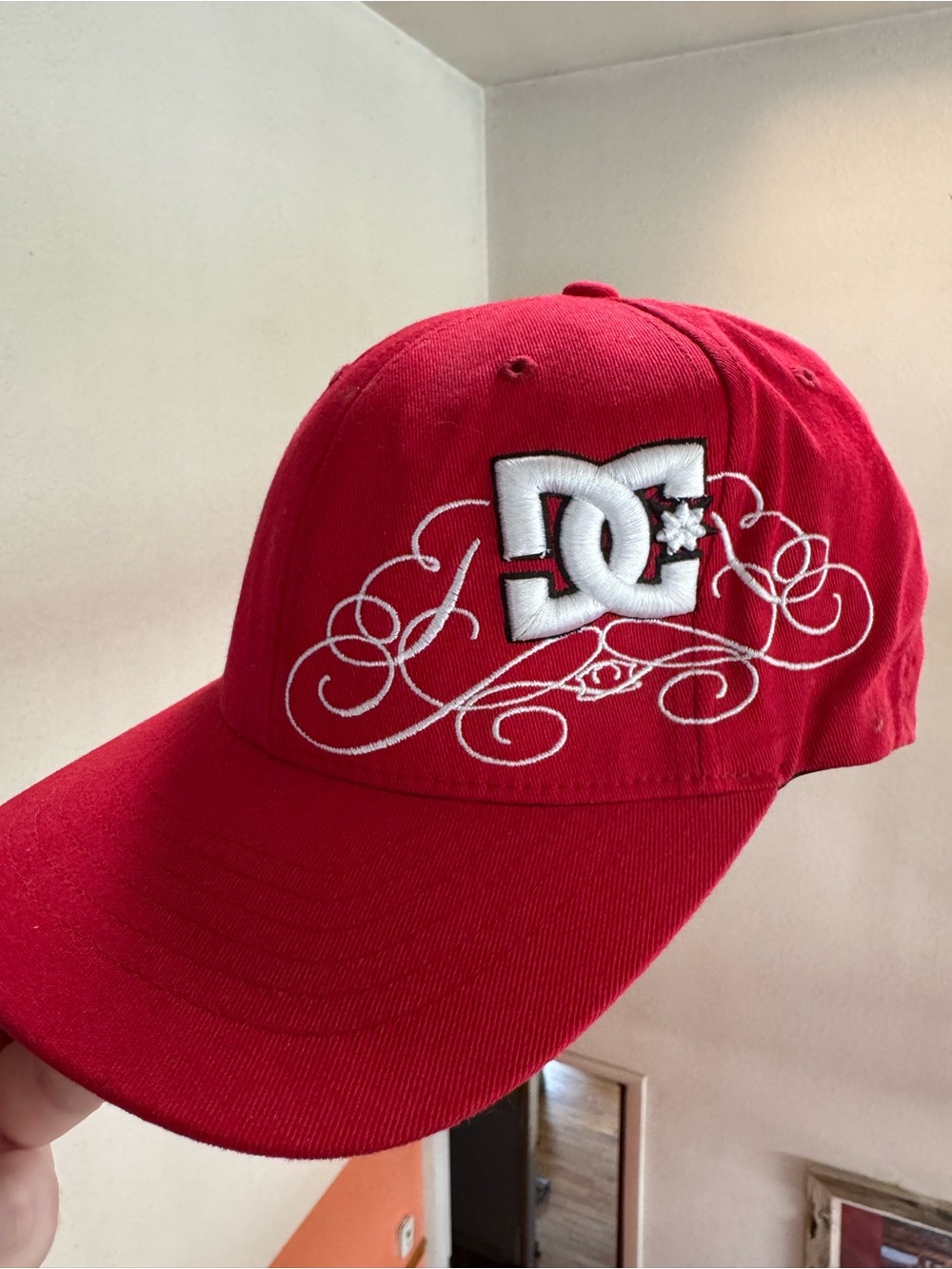 DC Red Baseball Cap with White Embroidered Logo